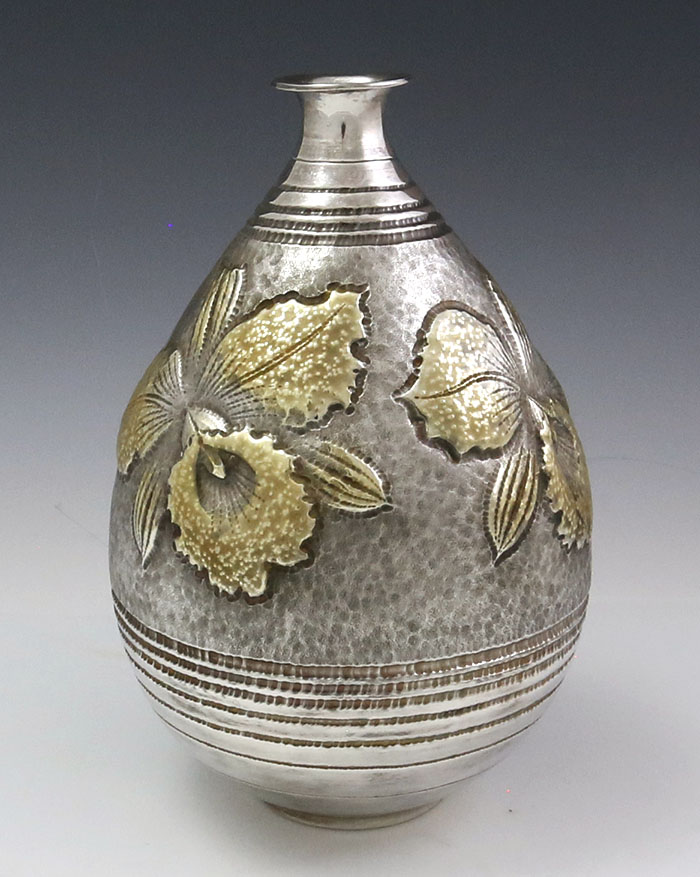 Japanese silver vase with gold orchid in box
